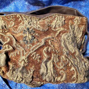 Deep Brown Tapestry Bag with Brass Ring Accents and Leather Strap